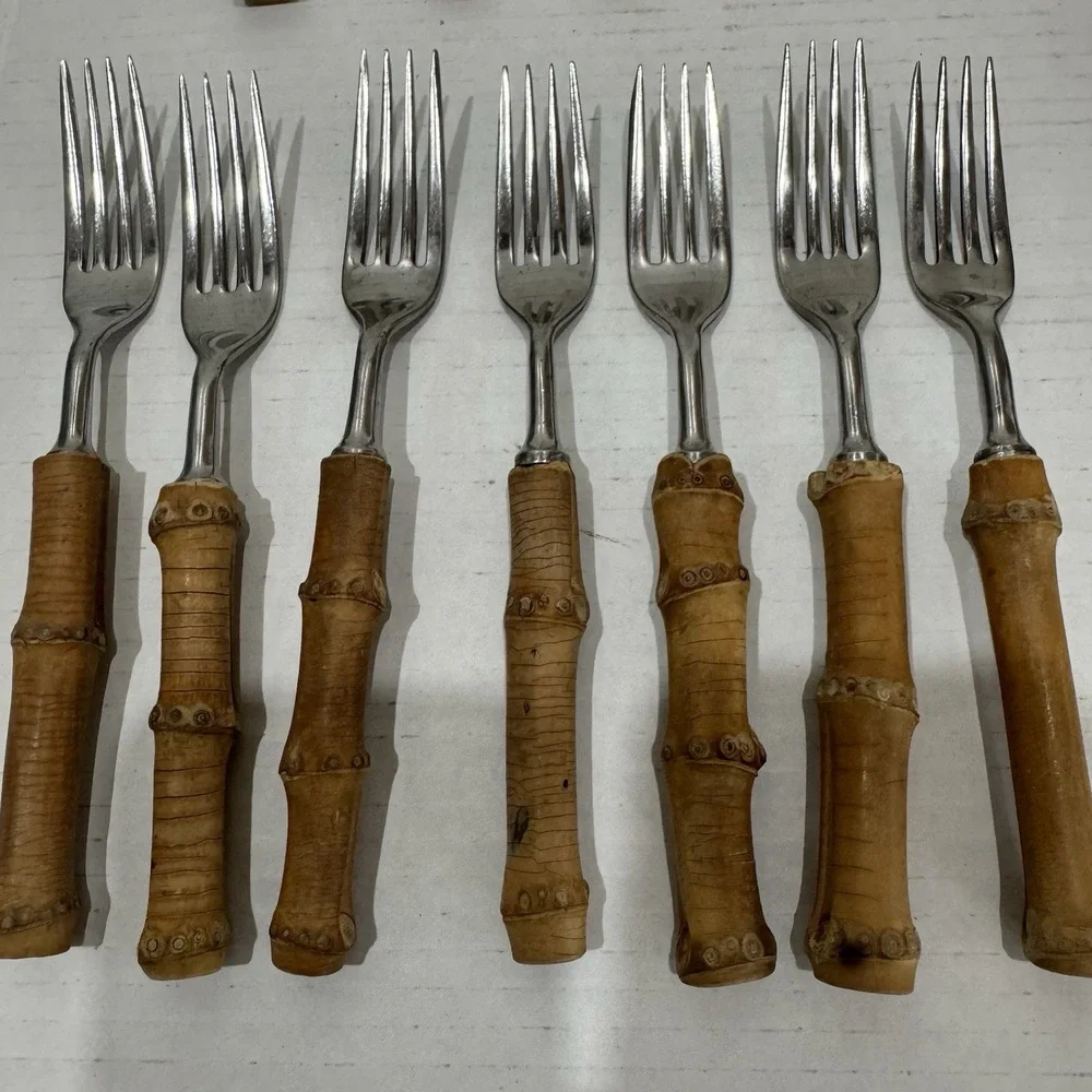 VINTAGE MID-CENTURY AUTHENTIC BAMBOO HANDLE TIKI FLATWARE STAINLESS STEEL JAPAN